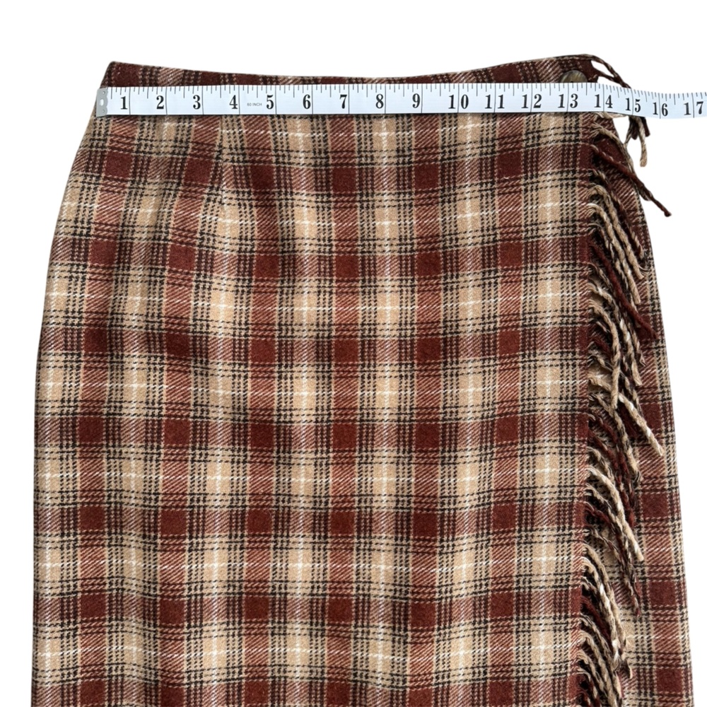 Daniel Hechter Plaid Fringe Wrap Midi Skirt, Brown/Beige, Wool Blend, Size 6 (S) - Picture 9 of 12